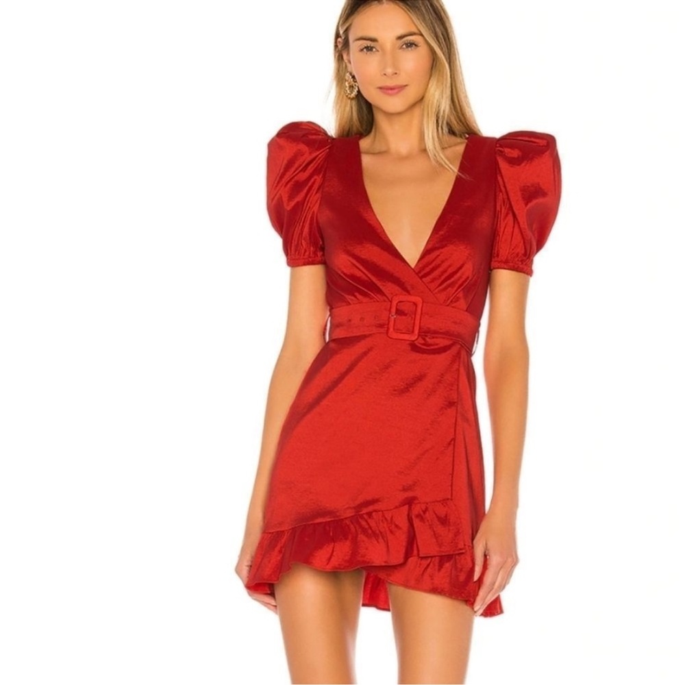 Lovers and Friends Ella Mini Dress Belted Wrap Puff Sleeve